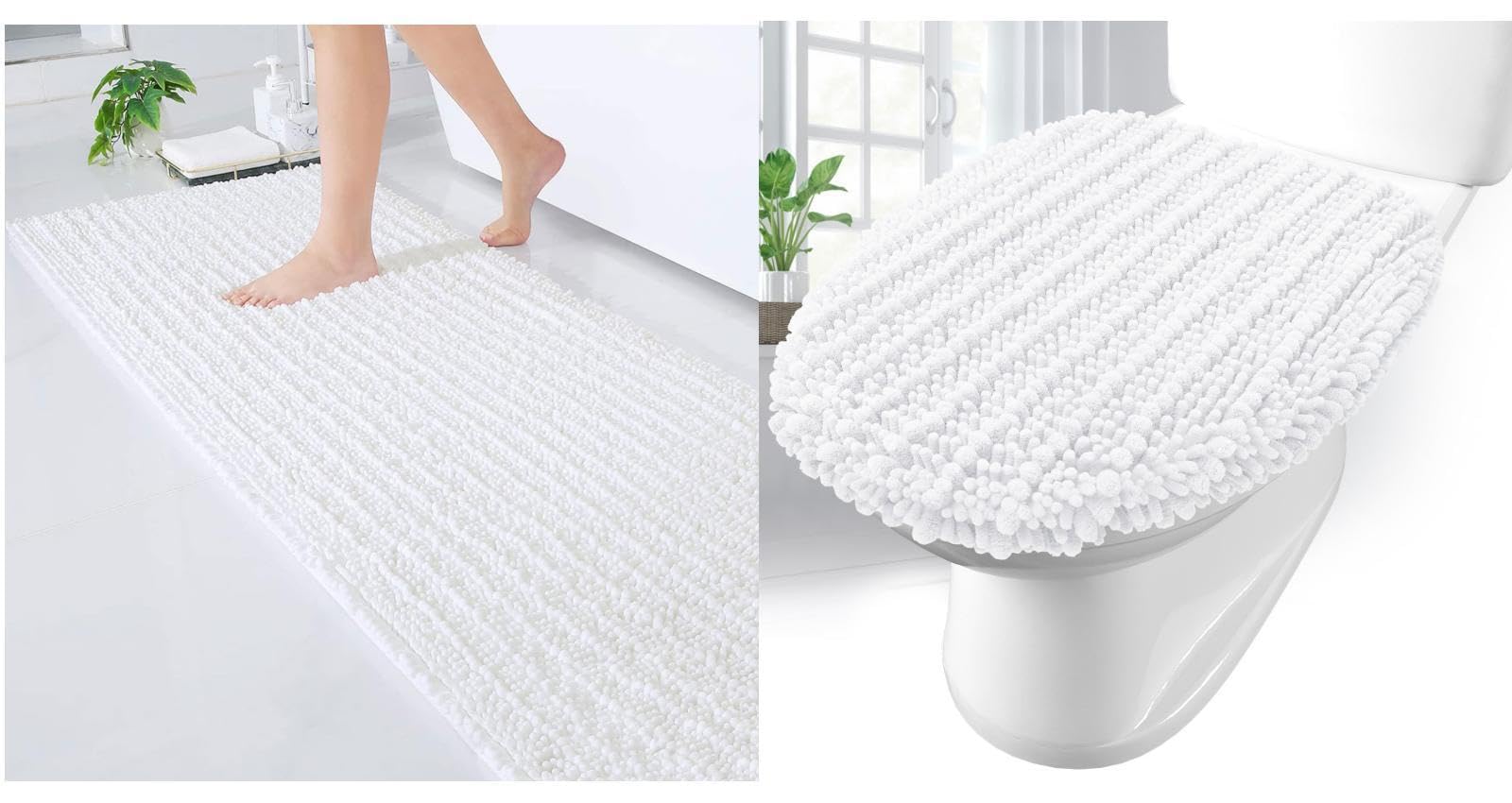 Arotive Luxury Chenille Bathroom Rugs Set, Ultra Soft Bath Rugs Size 70x24 and Toilet Lid Cover Size 17.5x15 in White, 2 Item Bundle