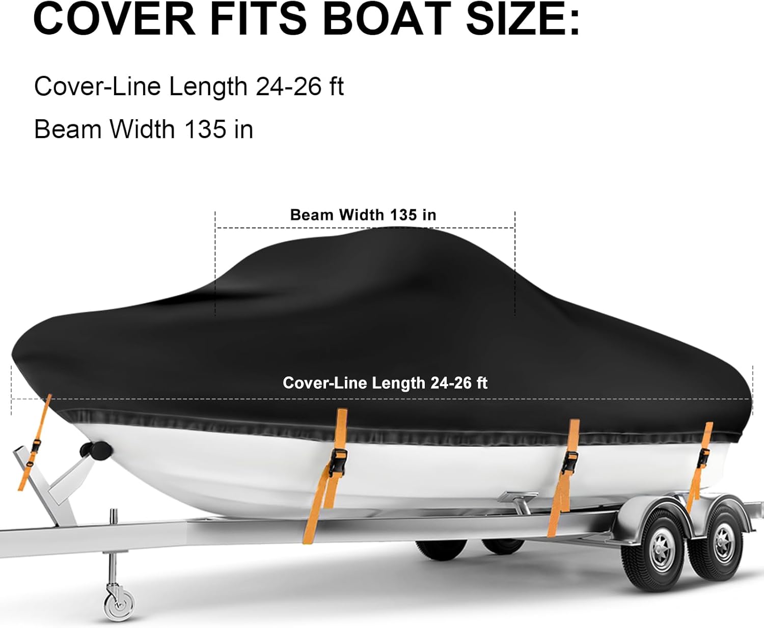 Boat Cover 24-26 ft, Waterproof 900D Heavy Duty Boat Cover, PU Marine Grade Polyester Boat Covers 24-26 ft, Fits Bass, V-Hull, Tri-Hull, Runabout, Jon, Fishing, Trailerable, Beam Width 135 inch