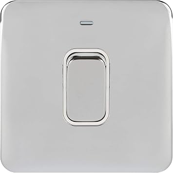 Schneider Electric Lisse Screwless Deco - Single High Current Light Switch with Neon Indicator, Double Pole, 50A, GGBL4011WPC, Polished Polisished Chrome/White Insert