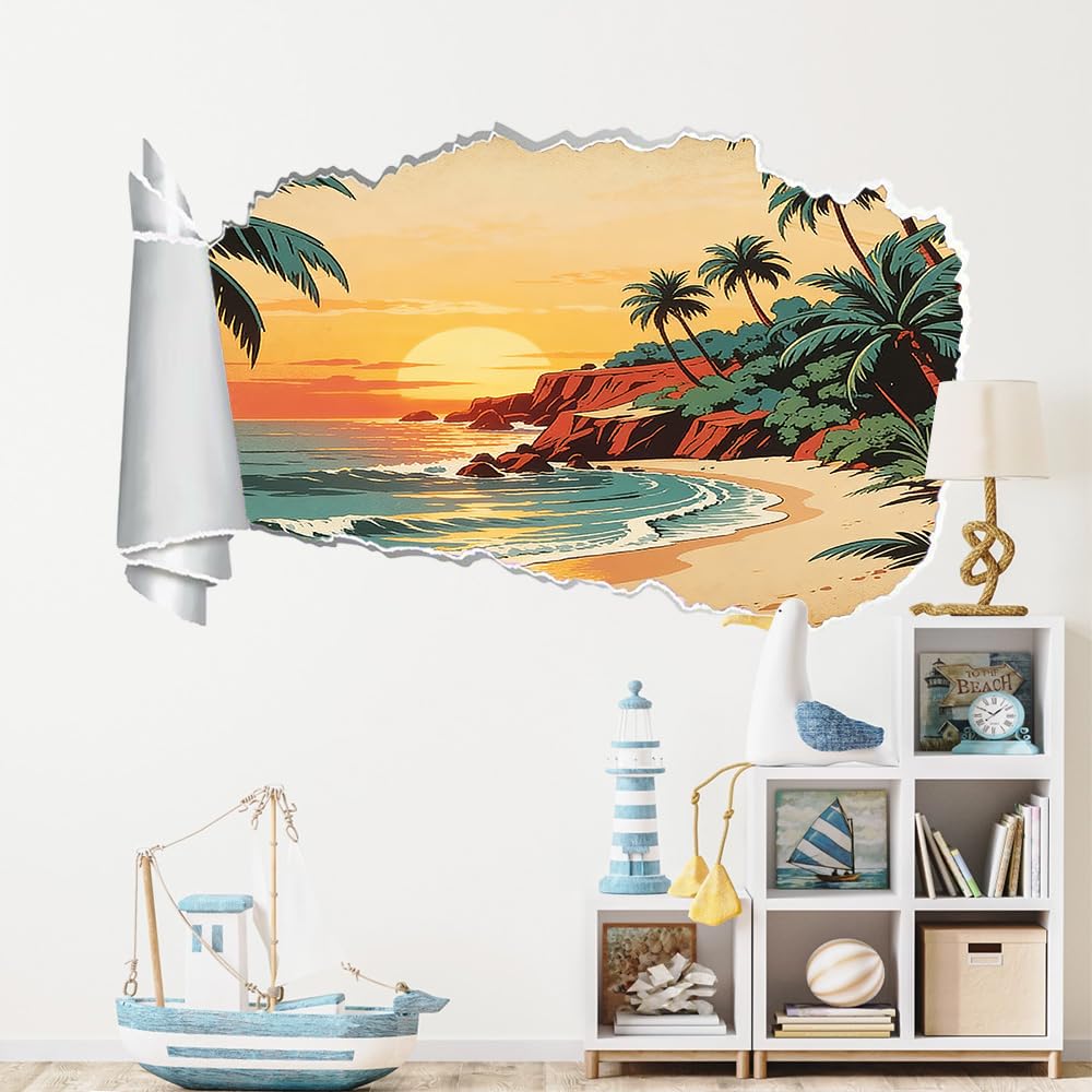 Wandsticker 3D Durchbruch Sonnenuntergang Am Strand Wandtattoo kinderzimmer Deko Palmen Wandaufkleber Wanddurchbruch Wandsticker Wandbild für Mädchen Zimmer Wohnzimmer Schlafzimmer