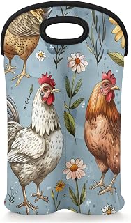Chickens Flowers Wine Carrier Tote Bag 2 Bottles Neoprene Reusable Insulated Portable Wine Cooler Bag Travel BYOB Picnic Gift for Wine Lovers, Men, Women, Birthday Party, Christmas