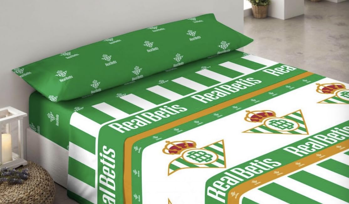 Juego de Cama de 3 Piezas: sábana Bajera, sábana y Funda de Almohada. 50% algodòn, de la colección Football Club, es el Regalo para los Aficionados al fútbol (Real Betis, 105 CM)