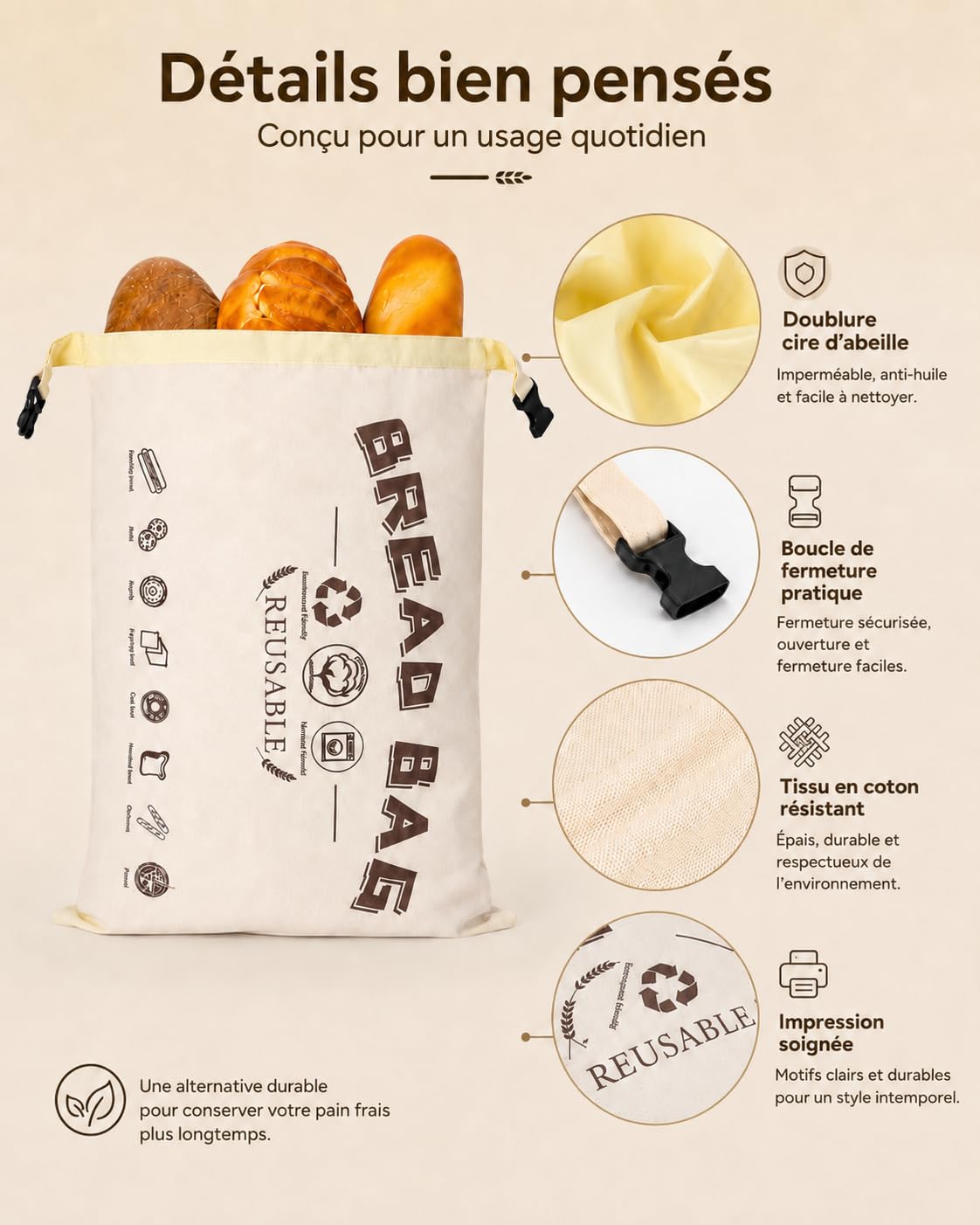 Bienenwachs Brotbeutel 2er Set, 43 x 32 cm, Bienenwachsbeutel aus Baumwolle Wiederverwendbar, Brotbeutel Bienenwachs Rollverschluss mit Klickverschluss und Griff, für Sauerteigbrot, Baguette und Gebä