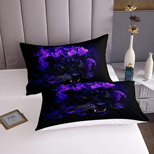 Miniatura 5 de Juego de ropa de cama de leopardo de pantera negra para niños y niñas, funda de edredón de guepardo de safari, funda de edredón azul fuego salvaje,