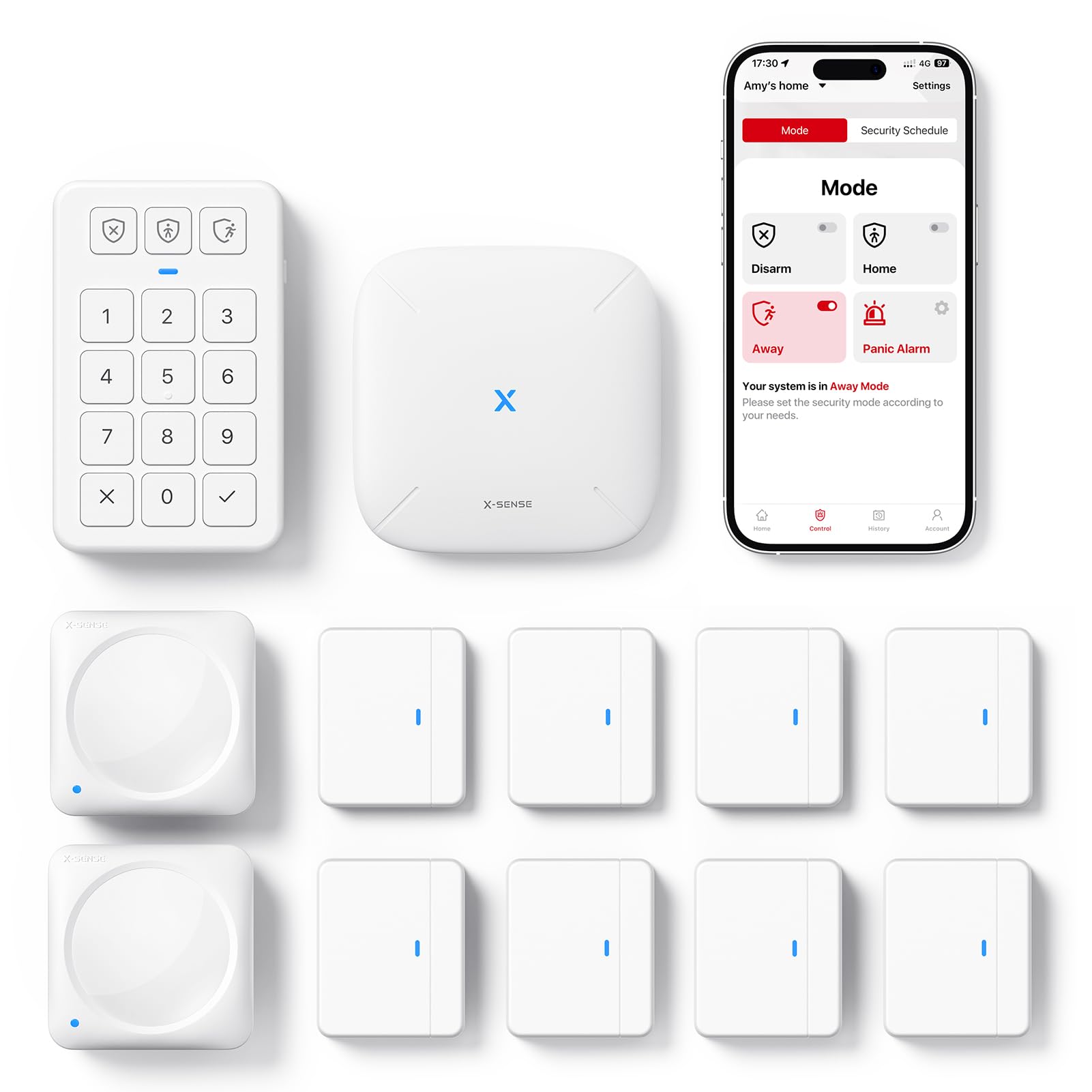 X-Sense Sistema de Alarma Wi-Fi con App para casa y apartamento, Alarma Inteligente con Sensor de Puerta y Ventana, Sensor de Movimiento, Teclado con botón de pánico, Incluye estación Base, AS12