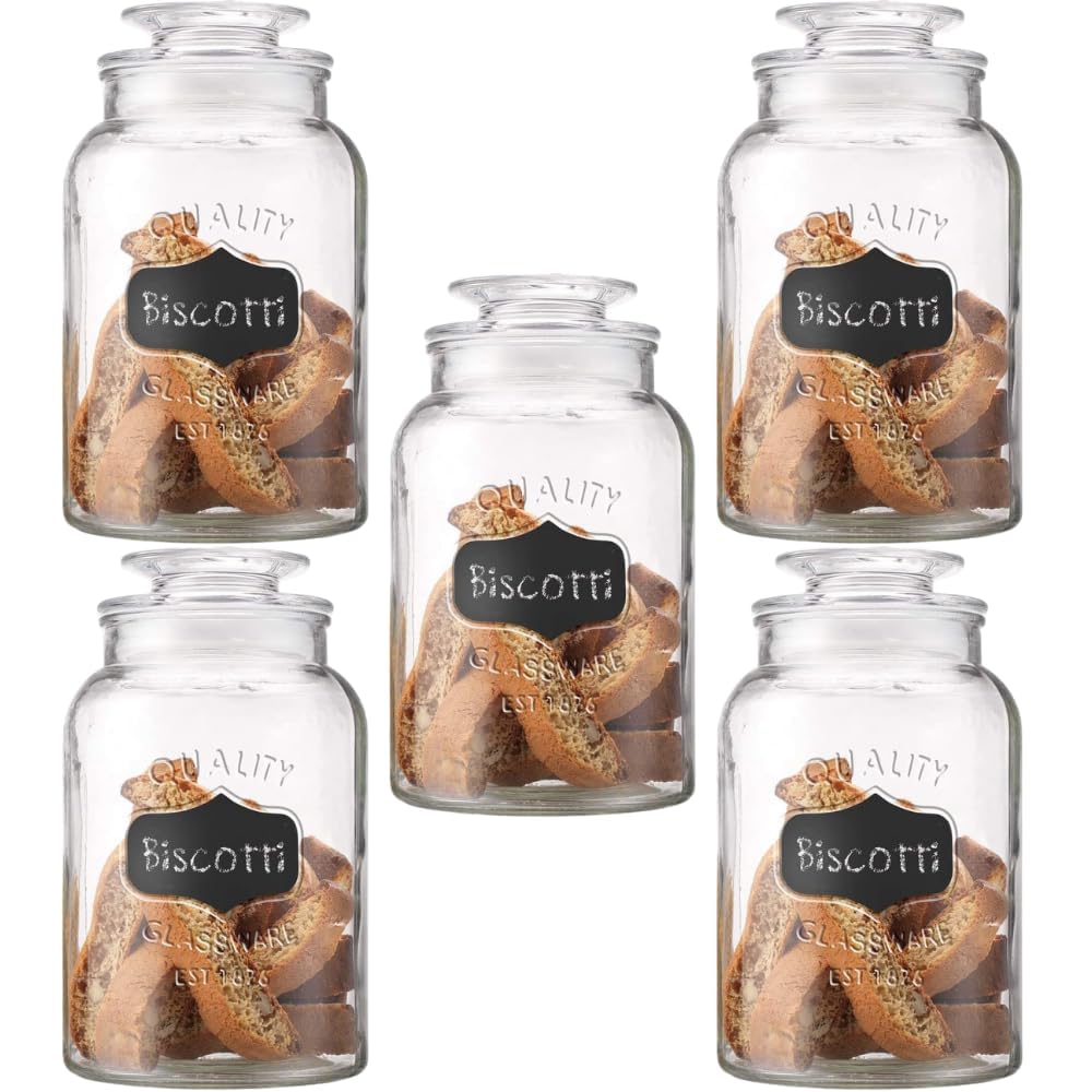 - 1500 Ml Glass Canister Set For Kitchen Airtight Lid And Chalkboard Labels Cookie And Candy Jars, Storage Containers Pack Of (5), Clear