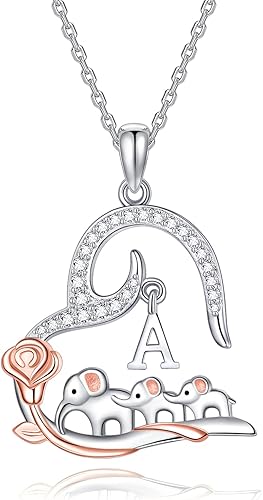 ACJNA 925 Sterling Silver Elephant Necklaces for Women Mother Daughter Rose Flower Initial A Letter Heart Necklace Pendant Jewelry Elephant Gifts