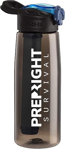 Survival - Botella de filtro de agua de 4 etapas, sin BPA, botella de agua de campamento de 22 onzas con brújula incorporada, equipo de preparación