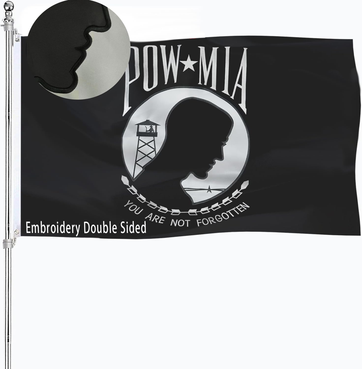 Embroidered Pow Mia Flag 3x5 Pow Flag Outdoor Heavy Duty 340D Polyester Material with 2 Metal Grommets 4 Rows of Stitching,Not Forgotten Prisoner of War Banner Flag