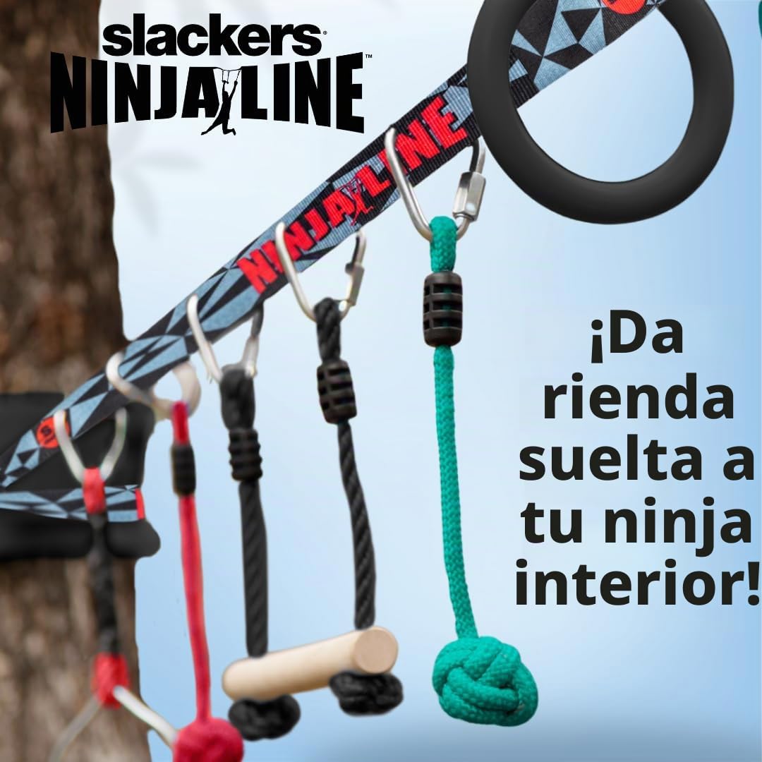 Slackers Ninja Line Starter Set - Recorrido Colgante al Aire Libre & Slackline para niños Mayores de 5 años- Juego Completo con 11 m de Slackline, 7 obstáculos, trinquete & Bolsa de Transporte