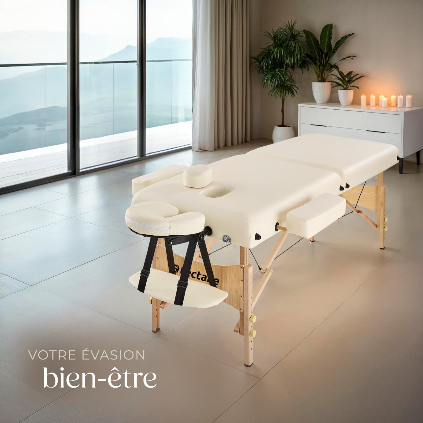 tectake® Table de Massage Pliante Professionnelle 2 Zones Ergonomique Massage et Relaxation Bois Table Esthetique Professionnel Lit de Massage Portable, Rouleaux & Housse de Transport - Beige