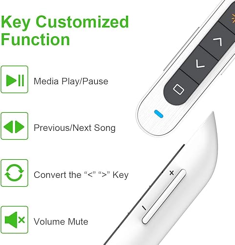 Miniatura 6 de KNORVAY N76 Green Presentation Clicker Control remoto inalámbrico recargable con luz verde, puntero de presentación de 330 pies Soporte de avance de