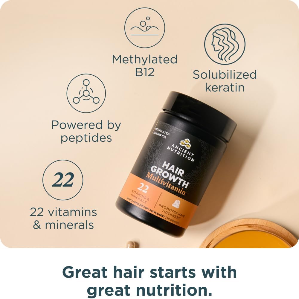 Ancient Nutrition Hair Growth Multivitamin – Supports Thicker Hair, Less Shedding, Smoother Skin & Stronger Nails – with Solubilized Keratin, Powered by Peptides, 22 Vitamins & Minerals – 30 Servings