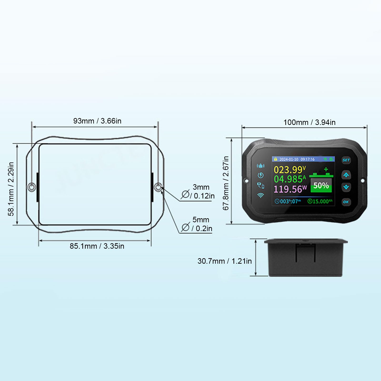 Cryfokt Misuratore Batteria WiFi, Display da 2,4 Pollici Monitoraggio Remoto in Tempo Reale per Tensione Corrente Potenza con Connessioni APP WiFi BT, per Scooter Elettrico per Auto RV