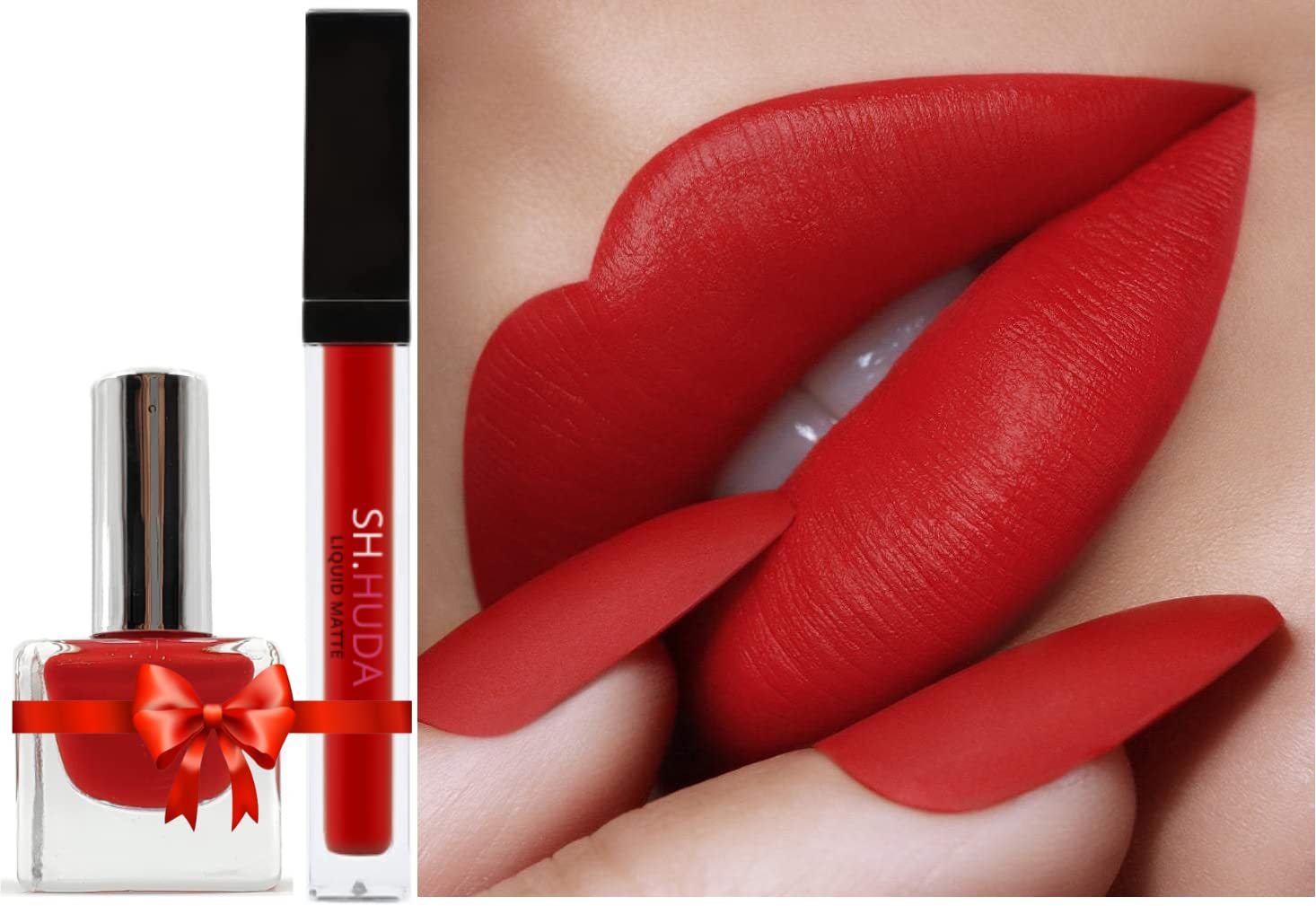 SH.HUDA Professional Beauty Lipsticks for Women with Matching Shade Nail Polish (Red Edition)