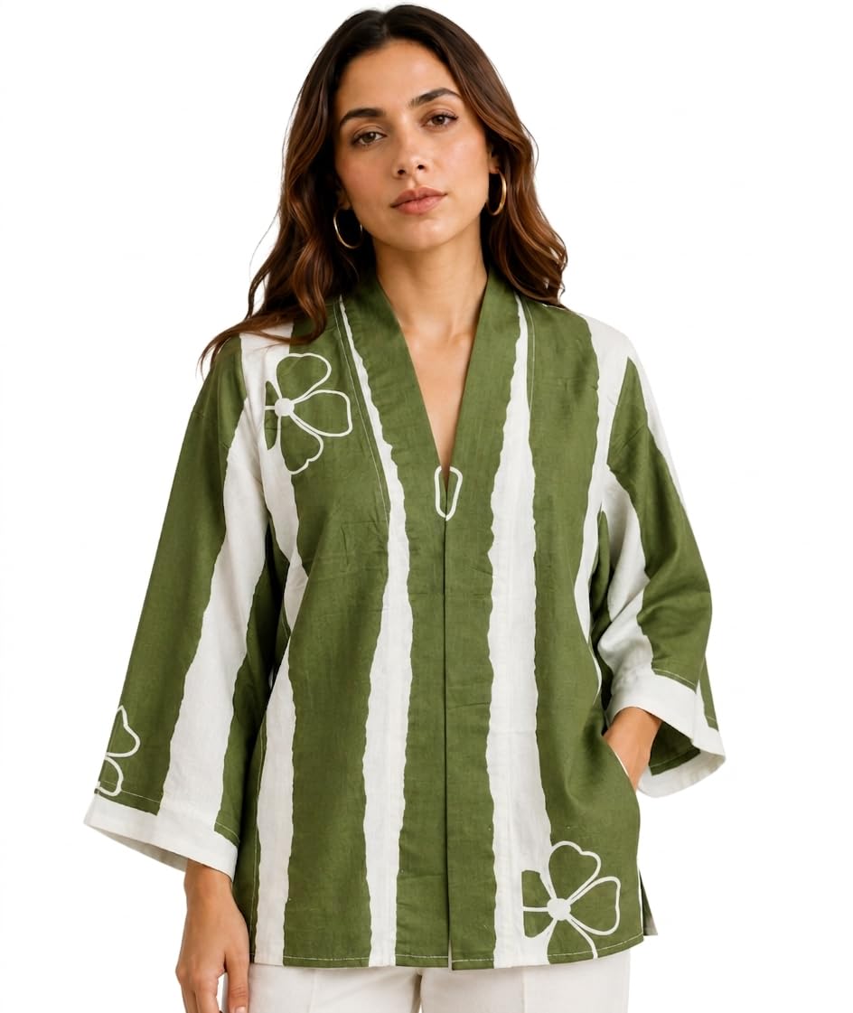 Women's Kimono Cardigan, Green and White Striped with Floral Print, Open Front, 3/4 Sleeves-image-37