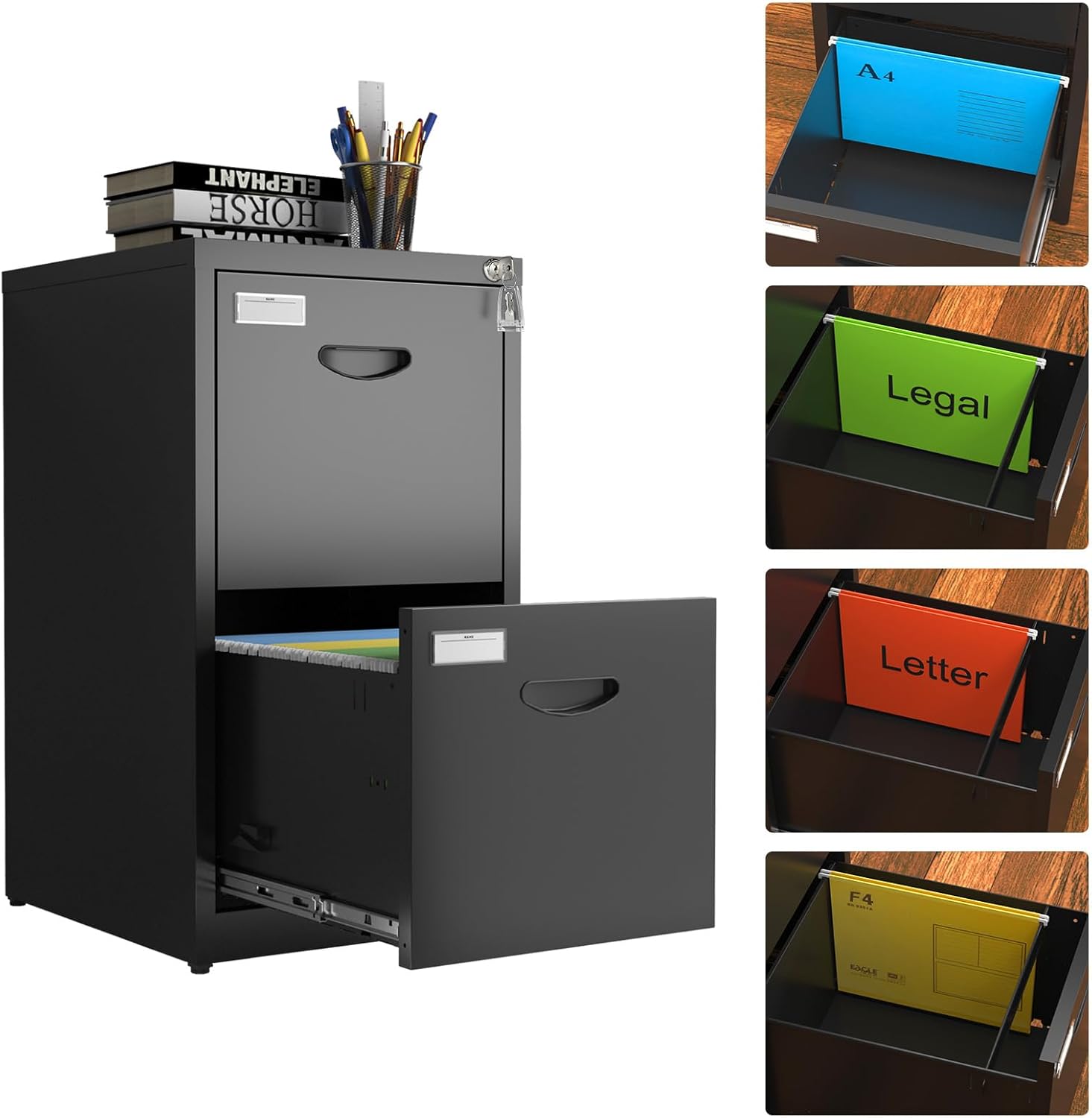 Metal File Cabinet with Lock, Vertical Filing Cabinets 2 drawer, Black Locking File Cabinet for Home Office, Light Duty Steel File Storage Cabinet for Hanging Letter/Legal/A4/F4 Size-Assembly Required