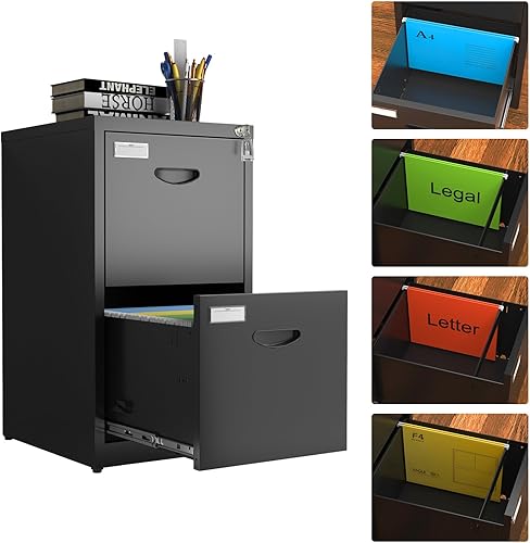 Archivador de metal con cerradura, archivadores verticales con 2 cajones, gabinete de archivo de bloqueo negro para oficina en casa, gabinete de