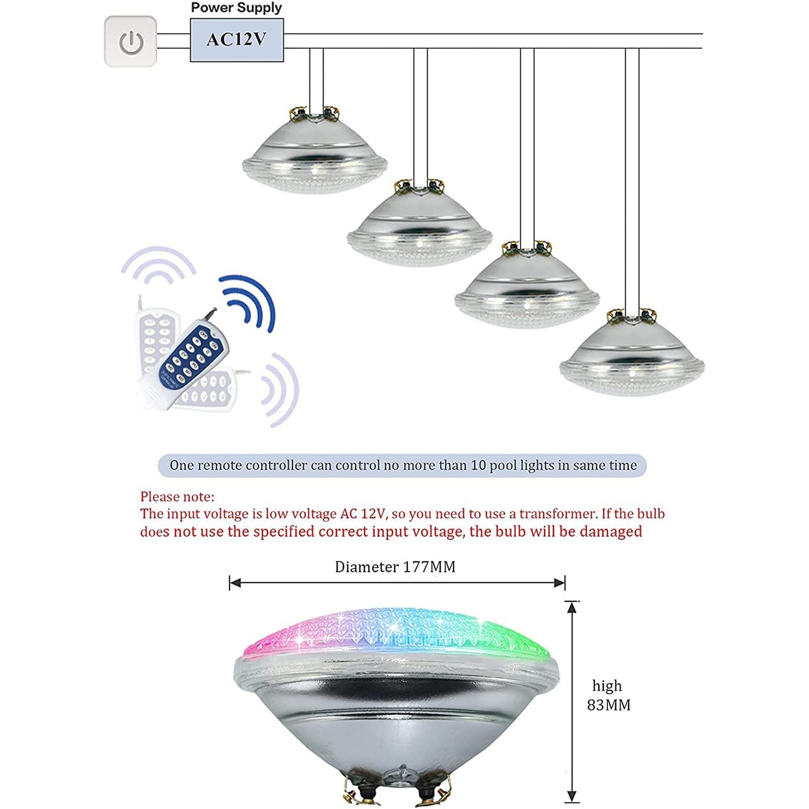 Lumière LED Submersible - Spot Encastrable Exterieur, Avec Télécommande PAR56 Lumière Sous-marine, Ampoule De Rechange Pour Piscine 12 V AC, IP68 Étanche RVB Changeant De Couleur Pour Piscine ( Color
