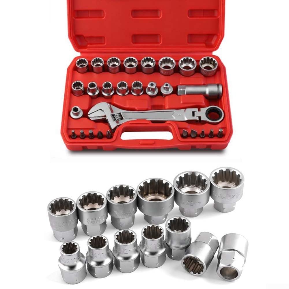 Juego de llaves de vaso de trinquete de 28 piezas, acero al cromo vanadio de 10-24 mm, 3/8 pulgadas y 1/2 pulgadas con barra de extensión, brocas PH SL para reparación de automóviles