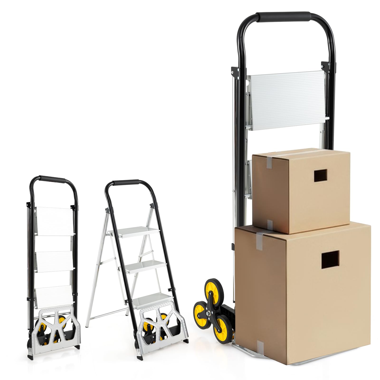 COSTWAY 2 en 1 Carretilla Plegable, Escaleras Plegables Aluminio de 3 Peldaños, Pedales Antideslizantes, Carretilla de Carga con Ruedas de Goma para Subir Escaleras, Carga 250kg