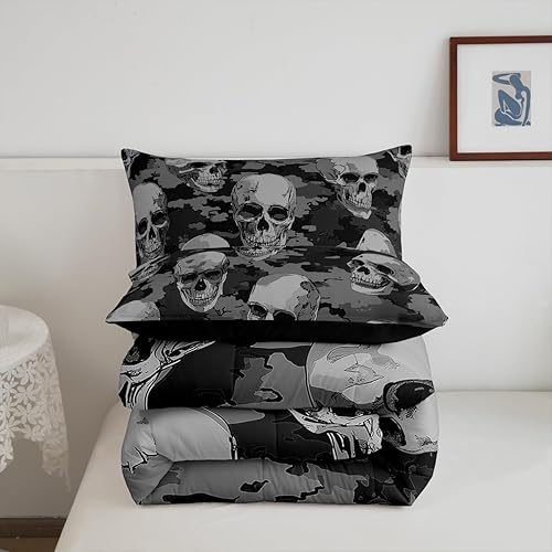 Miniatura 7 de Erosebridal Juego de edredón de calavera gris, tamaño King, negro, blanco, gris, camuflaje, gótico, de camuflaje, esqueleto, para niños,