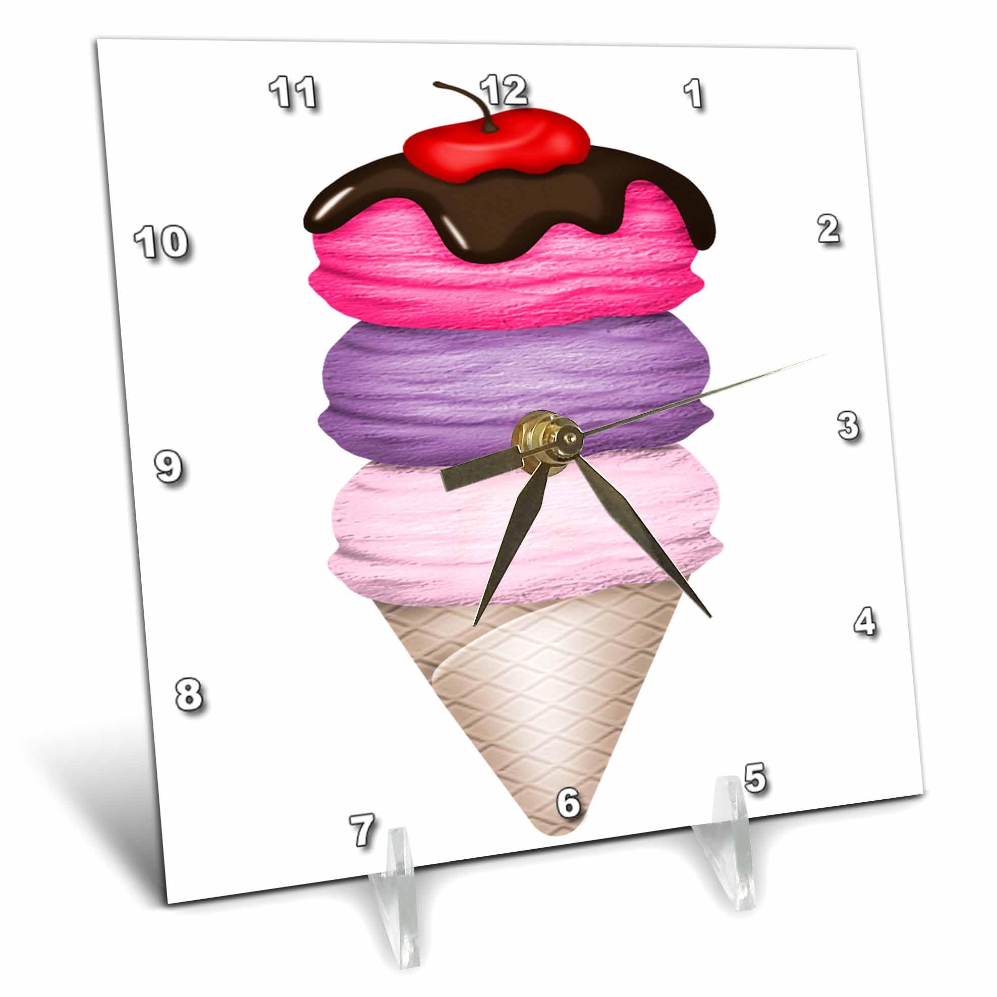 3dRose 6x6 Desk Clock - Cute Three Scoop Ice Cream Cone Illustration Cute Illustrations