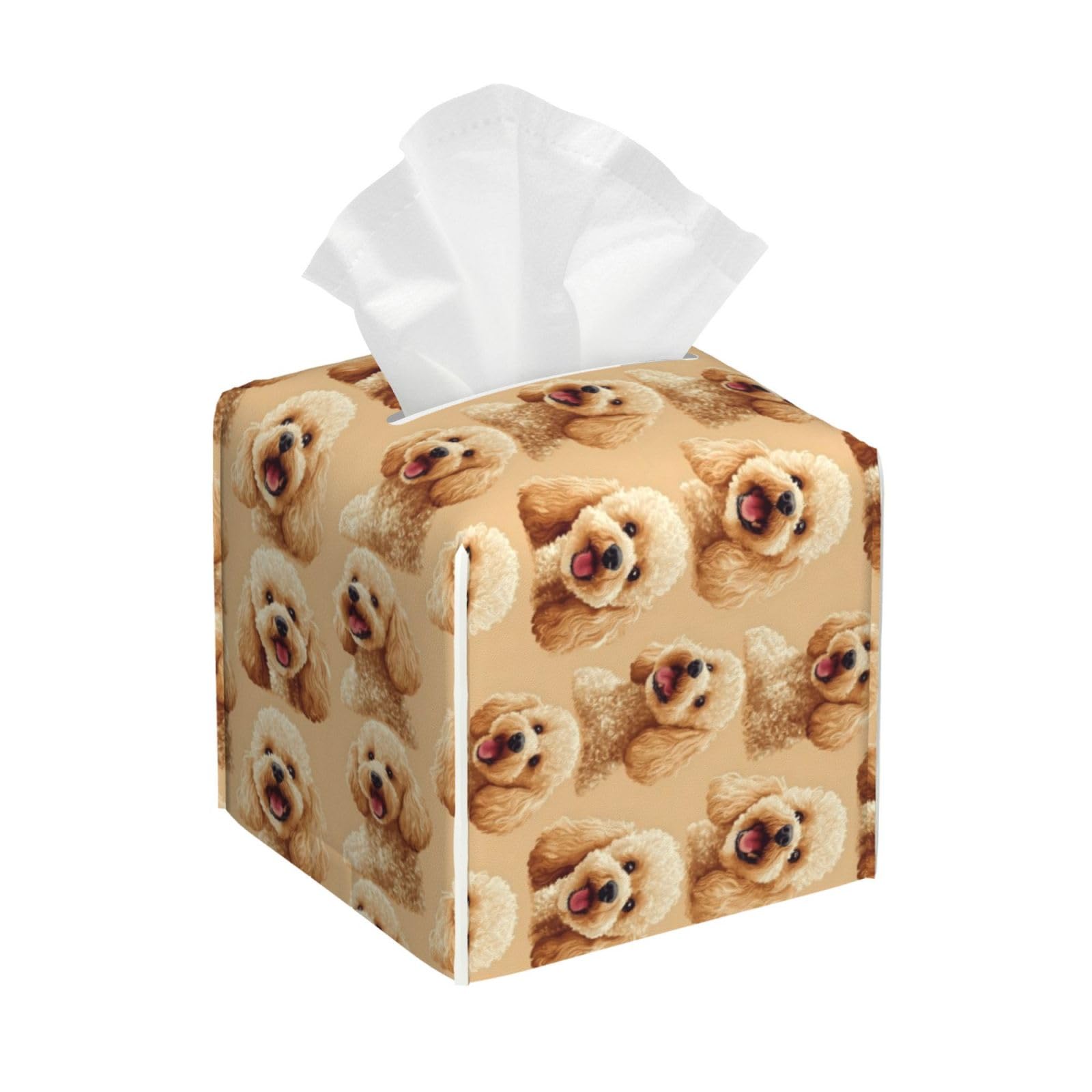 Cute Happy Teddy Dog Print Tissue Box Cover Holder Square, Foldable Modern Cube Tissue Box Cover, Leather Decorative Organizer for Tabletop Bathroom Car Office Desk Decor