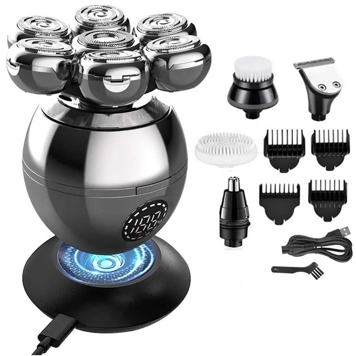 Rasoi per uomini calvi, 5 IN 1 Pro Wet Dry Rasoio elettrico per gli uomini Rasoio elettrico per barba Rasoio elettrico per viso Rasoio elettrico Ricaricabile Testa Calva Macchina da barba Display LCD
