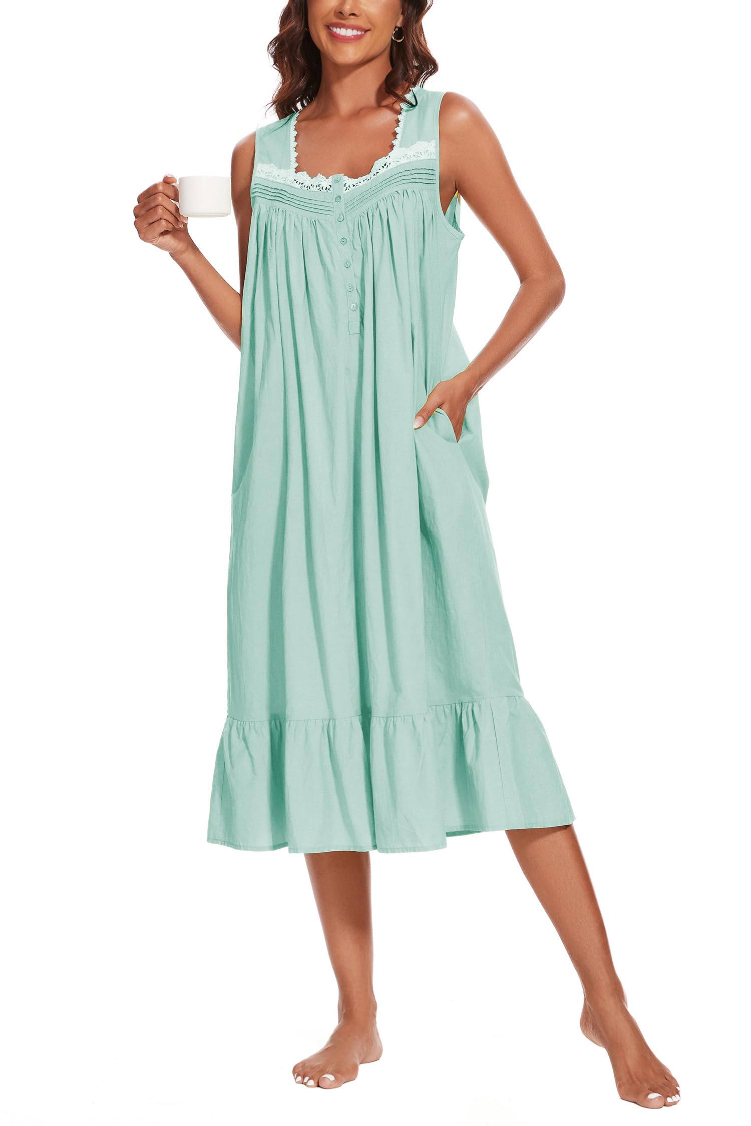 AVIIER 100% Cotton Nightgowns for Women Sleeveless Sleep Dress Ladies Gowns Sleepwear with Pockets