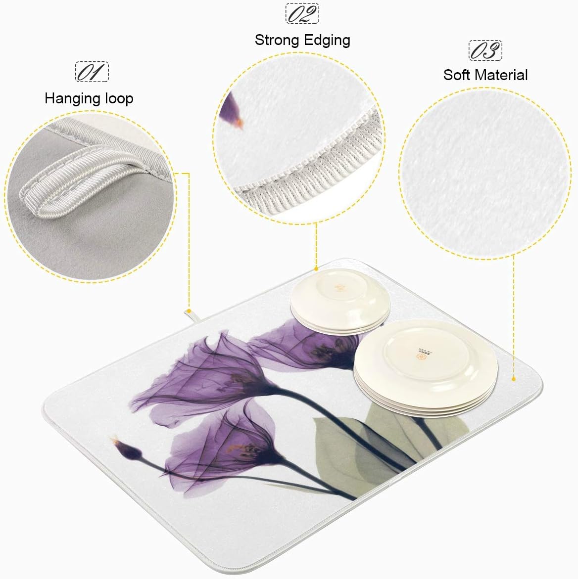 Lavender Hope Flowers Dish Drying Mat for Kitchen, Absorbent Microfiber Drying Pad Dish Mat, 16" X 18"