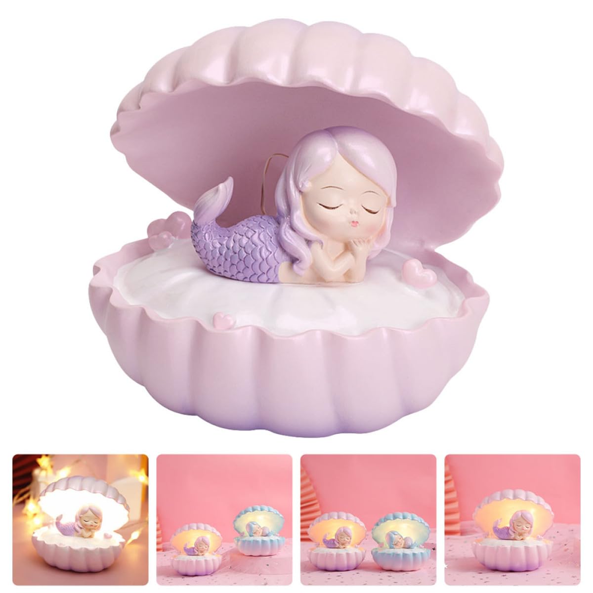 Lámpara de Noche Forma de Sirena de Resina Rosa 1 Pieza | Pila de Botón Incluida, Diseño Concha, Figura Pequeña para Escritorio Color Aleatorio