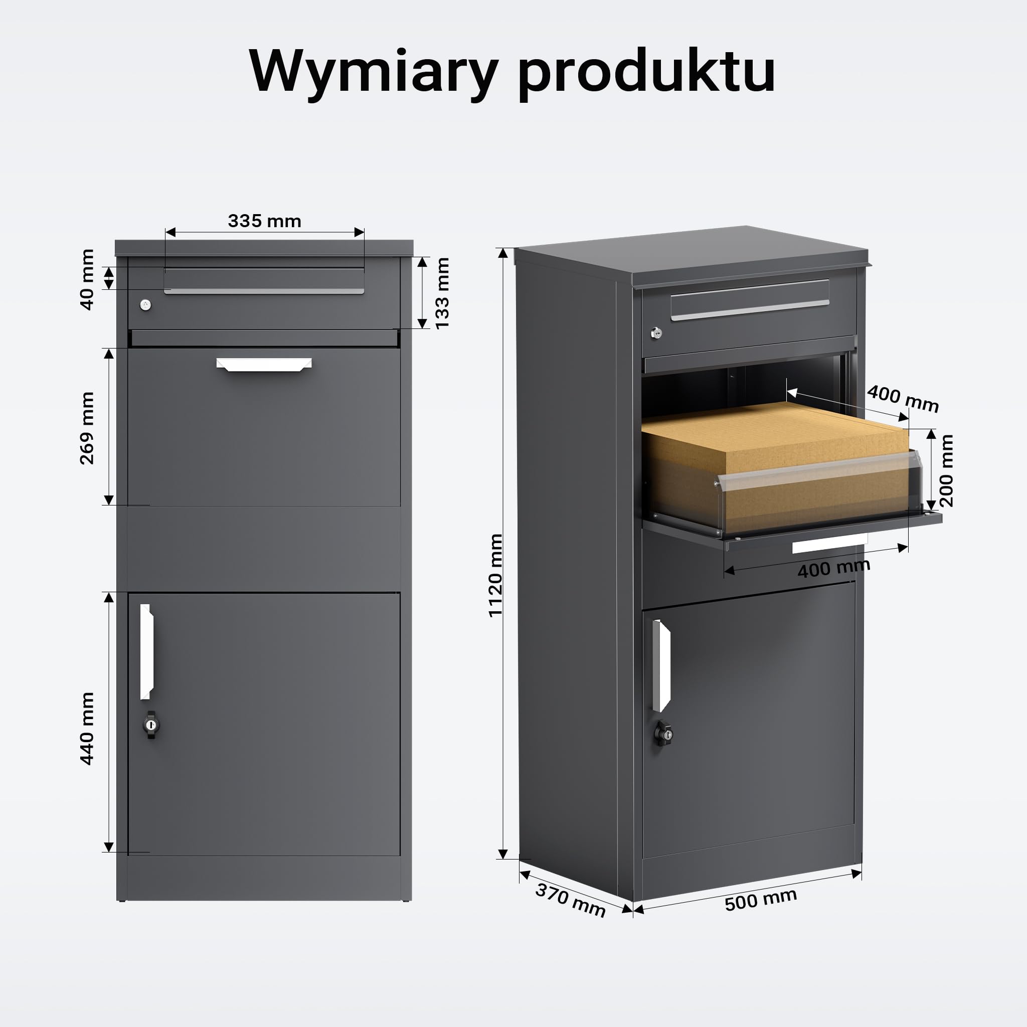 Wolnostojąca skrzynka na listy i paczki antracytowa 500 x 370 x 1120 mm, pojemnik na paczki z zabezpieczeniem korespondencji, skrzynka kurierska