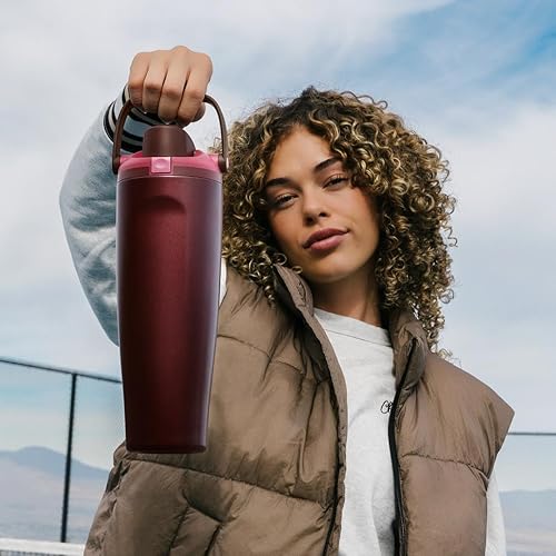 Miniatura 8 de Botella de agua Owala FreeSip con aislamiento de acero inoxidable con pico de dos vías, pajita incorporada y asa de cubo, fabricada para viajes,