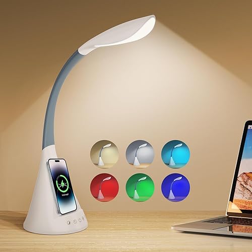 Lámpara de escritorio con control de pantalla táctil LED, carga rápida inalámbrica inteligente de 50 W, ajuste de cuello de cisne de 360, 9 modos de