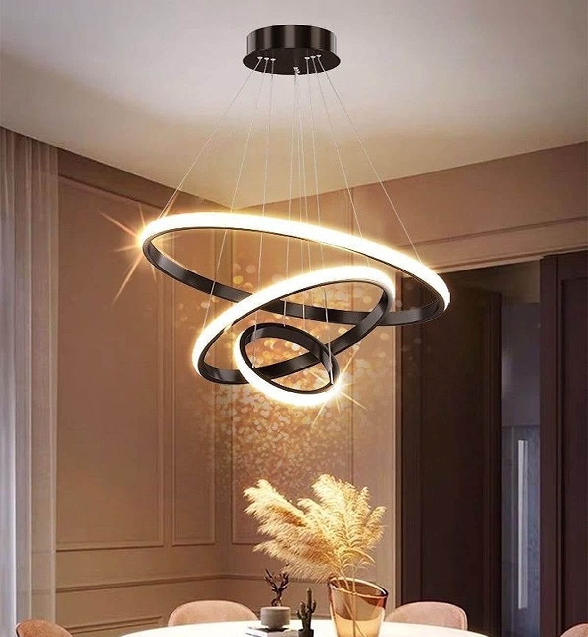 Smart Modern LED Pendant Light, 3 Rings LED Chandeliers Fixture Dimmable Contemporary Circular LED with 3 Colors in One LED White, Warm, Natural Chandelier Ceiling Pendant Light, 60W