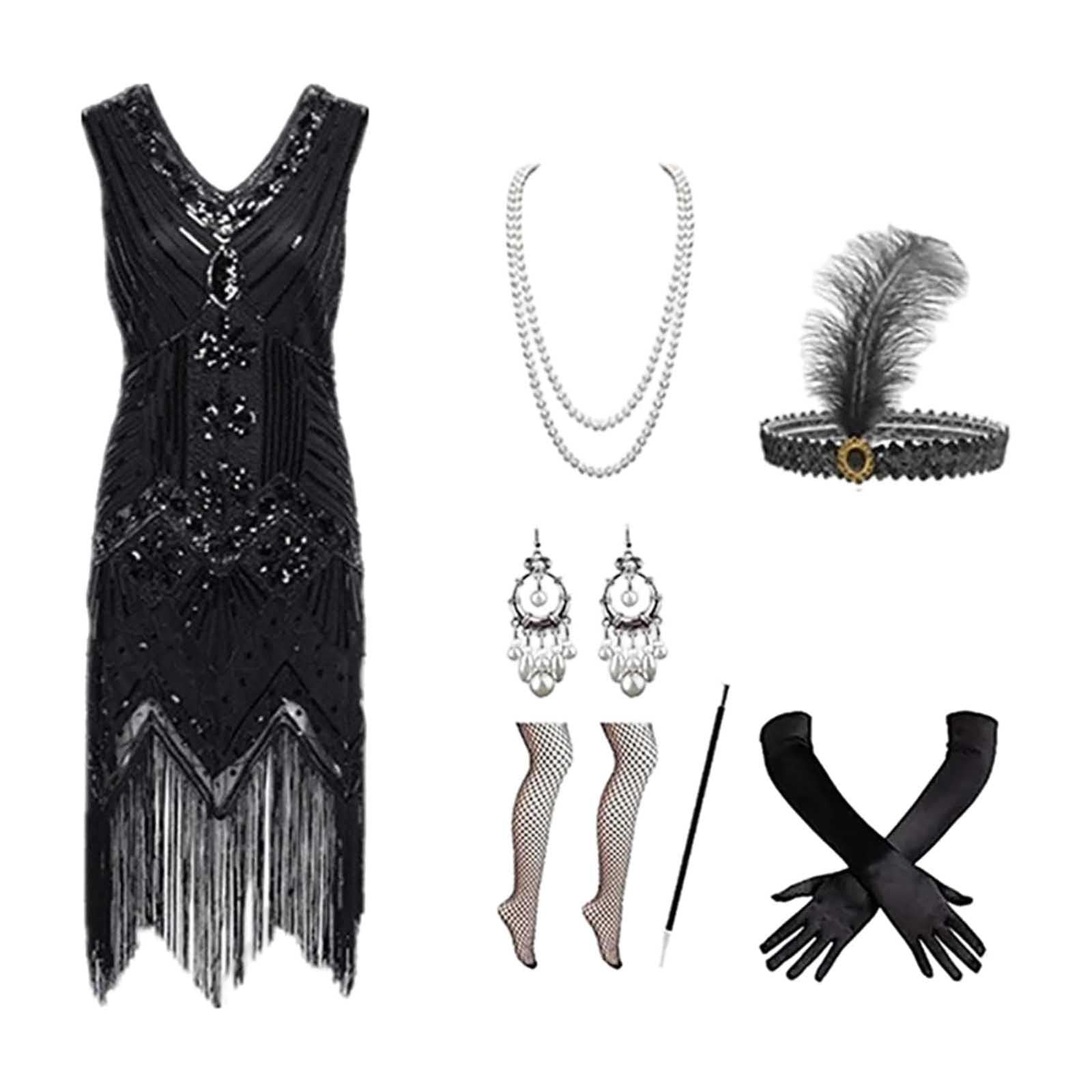 Halloween Costume Female 1920S Gowns Dresses Heavy Beaded Sequins Fringe Dresses Fancy Dress Costumes Women's with 20s Dress Accessories Carnival Costume Women (Black, XXXL)