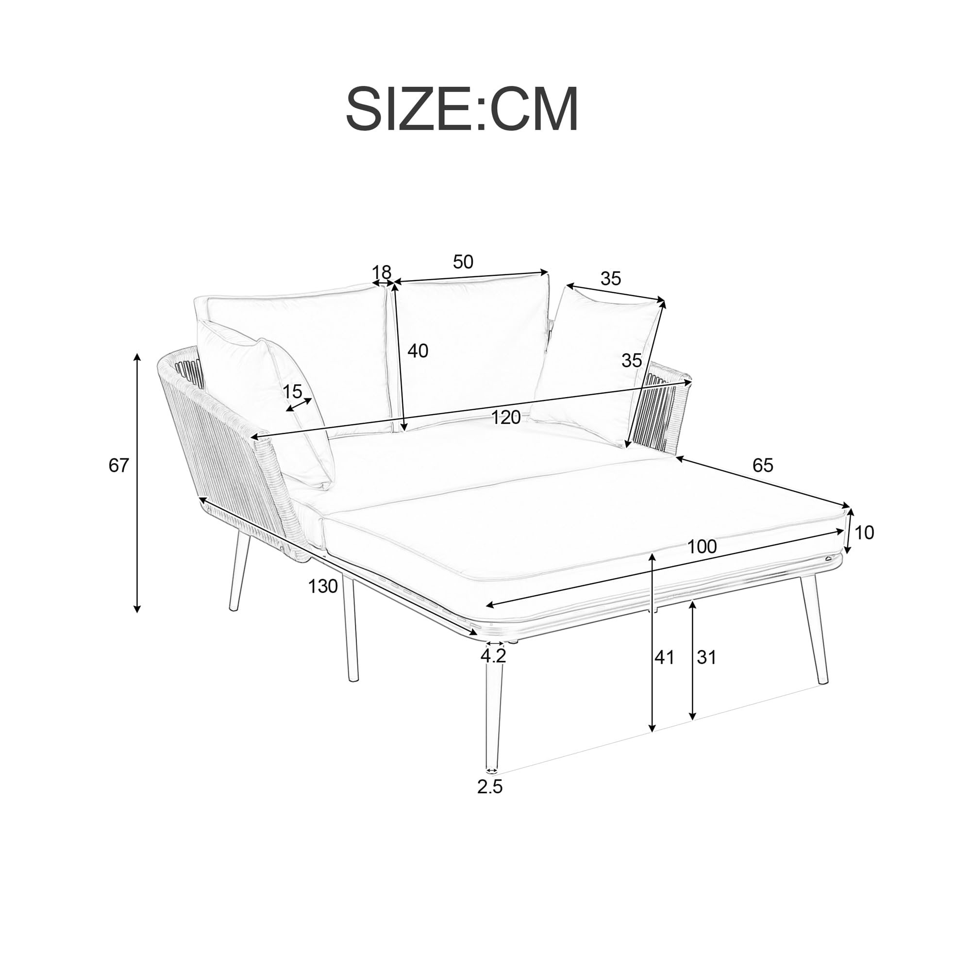 Sofá de jardín con 2 cojines y 2 cojines, tumbona para exteriores, salón de jardín, juego de muebles de balcón, muebles de salón, muebles de terraza, cojines extraíbles y lavables (caqui)
