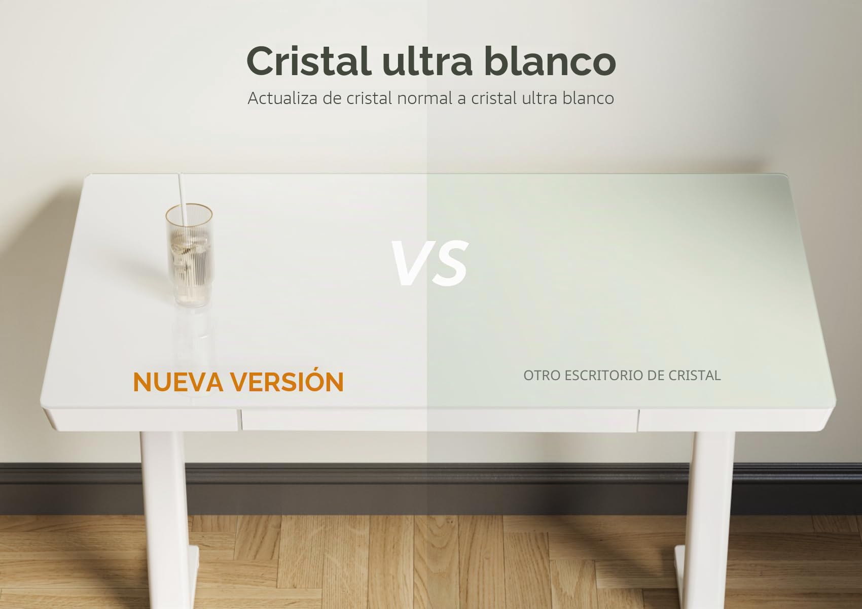 Claiks Escritorio de Altura Regulable con Tablero de Cristal de una Pieza Escritorio eléctrico con cajón, Mesa de Ordenador con función de Memoria y protección contra colisiones (Blanco, 120 x 60 cm)