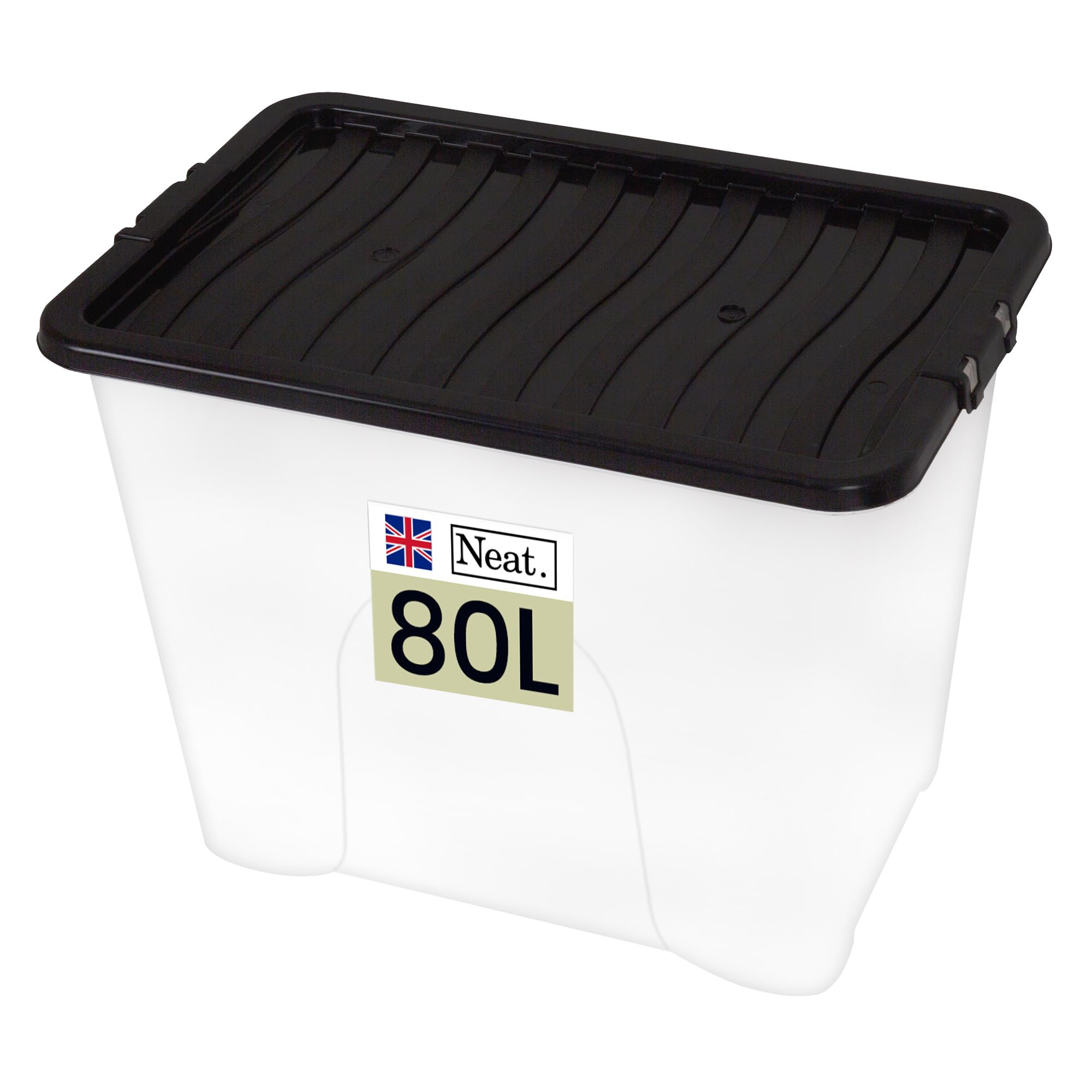 Neat. Plastics 80L Storage Box, Clear Base, Black Lid - Organise Easily with Plastic Storage Box, Ideal Clear Boxes for Storage, Durable Plastic Boxes with Lid, Pack of 1