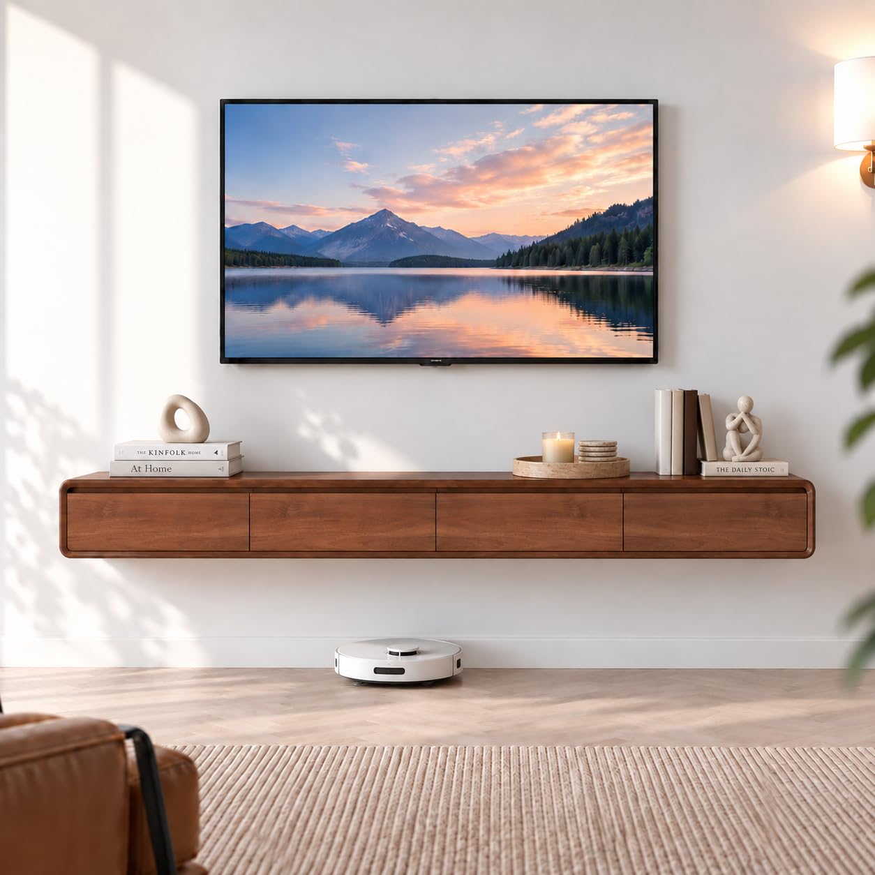 Meuble TV en Bois Massif,160–240CM Meuble TV Suspendu, Meuble Bas pour TV Mural, Adapté au Salon et à la Chambre（Noyer 200CM）