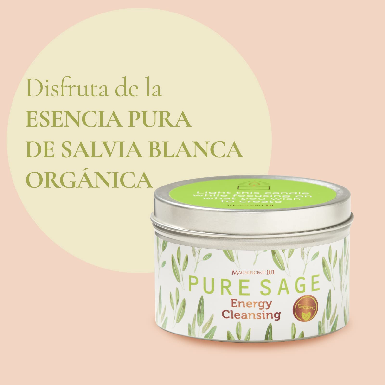 Magnífica Vela de Salvia Blanca Pura 101 de Larga duración, 6 onzas, Tiempo de combustión de 35 Horas, orgánica, Totalmente Natural, sin parafina, Calma, relaja, restaura el Cuerpo y la Mente.