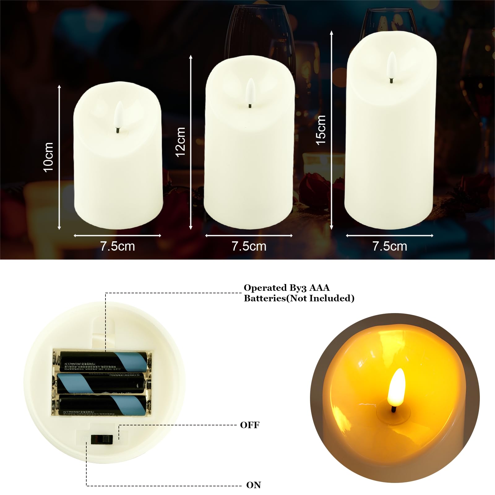 Candele LED con Telecomando, 3 Pezzi (10cm 12.5cm 15cm) - Candele Elettriche Senza Fiamma con Effetto Fiamma Tremolante e Timer, Candele a Batteria Impermeabili per Compleanno, Festa, Matrimonio