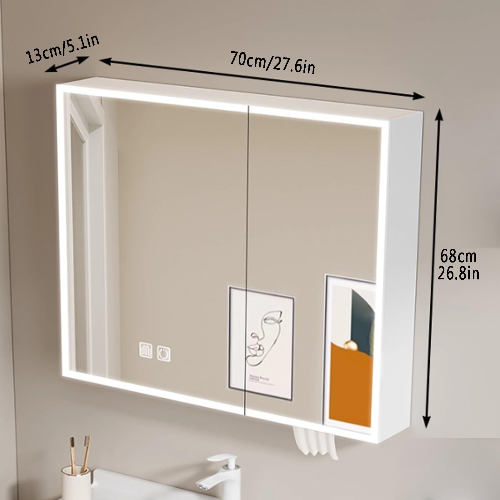 Inteligentna szafka łazienkowa ze stopu aluminium z lustrem LED, naścienna, inteligentne odmgławianie, lustro kosmetyczne HD z otworem do przechowywania i bibułki, niezbędne akcesoria kosmetyczne