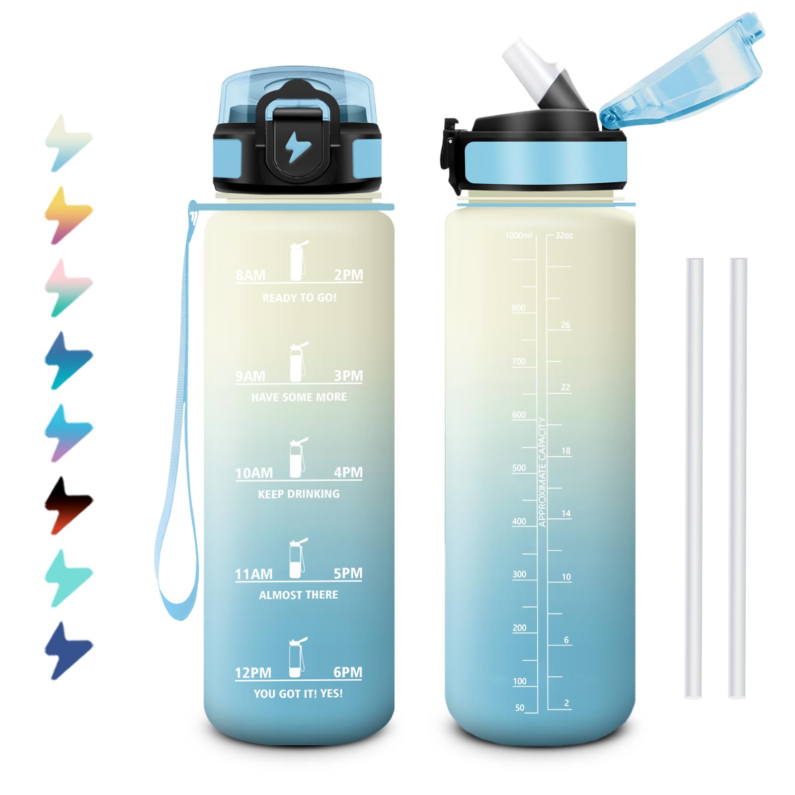 Borraccia Motivazionale 1L, Borraccia Palestra con Cannuccia, Facile Pulizia, Riutilizzabile, Borraccia Sportiva con Indicazione del Tempo, Borracce per Lavoro, Ciclismo, Escursionismo, Ufficio