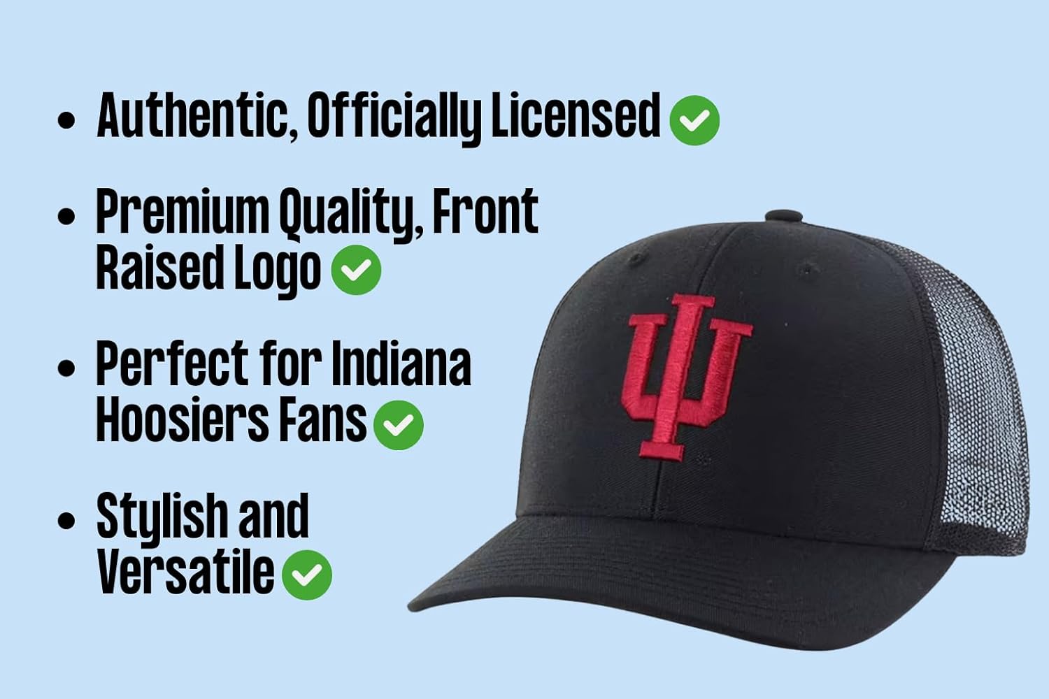 Officially Licensed University Indiana Mesh Trucker Hat Classic Primary Home Team Logo Adjustable Structured Embroidered Black Snapback Baseball Sports Ball Cap