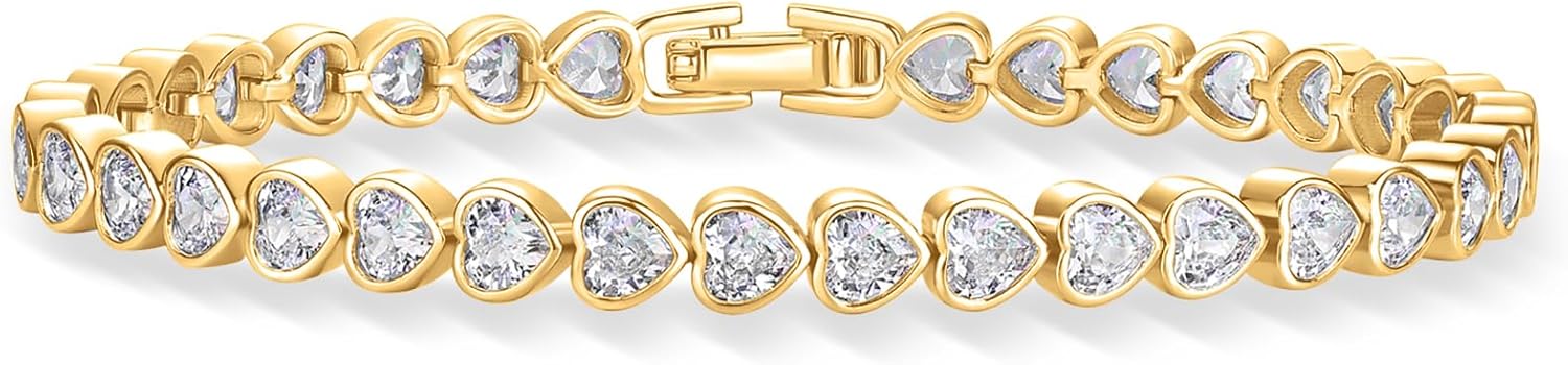 PAVOI 14K Gold Plated Tennis Bracelets for Women - Bezel Set Cubic Zirconia Bracelet - Simulated Diamonds Round, Trillion, Trinity, Radiant, Pear, Valentines Day Heart Cut Stones Wedding Jewelry Gifts for Brides