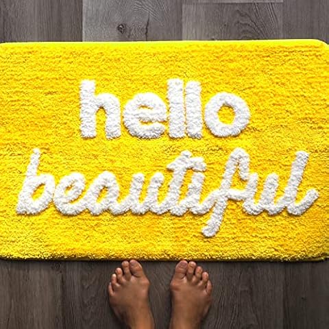 Hello Beautiful Bath Mat Yellow Canary Lemon Cute Bathroom Rugs for Girls Bright Colorful You Look Good Gorgeous Funny Shower Fun Bathroom Decor Non-Slip Washable Kids Women Cover