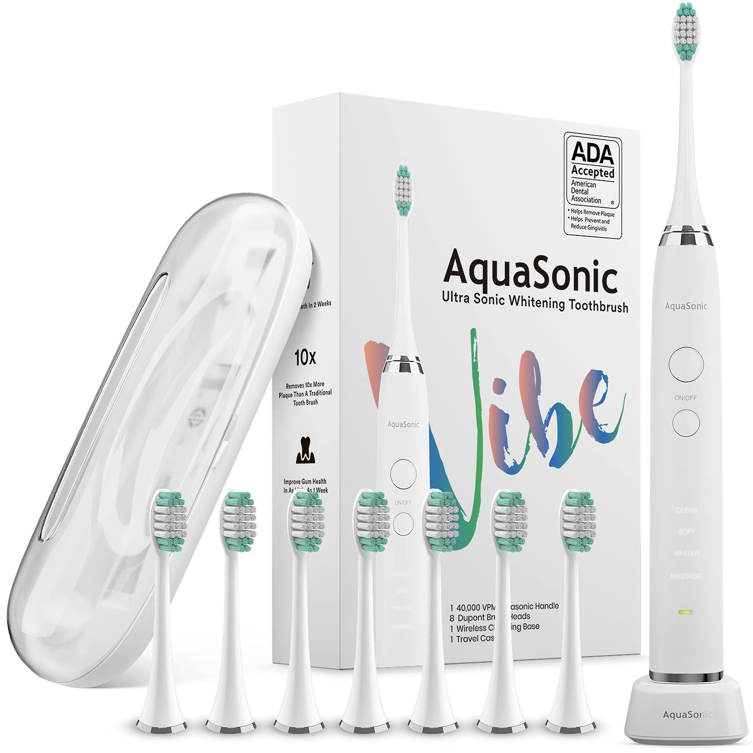 AquaSonic Vibe Series Ultra Whitening Toothbrush ADA Accepted Electric Toothbrush 8 Brush