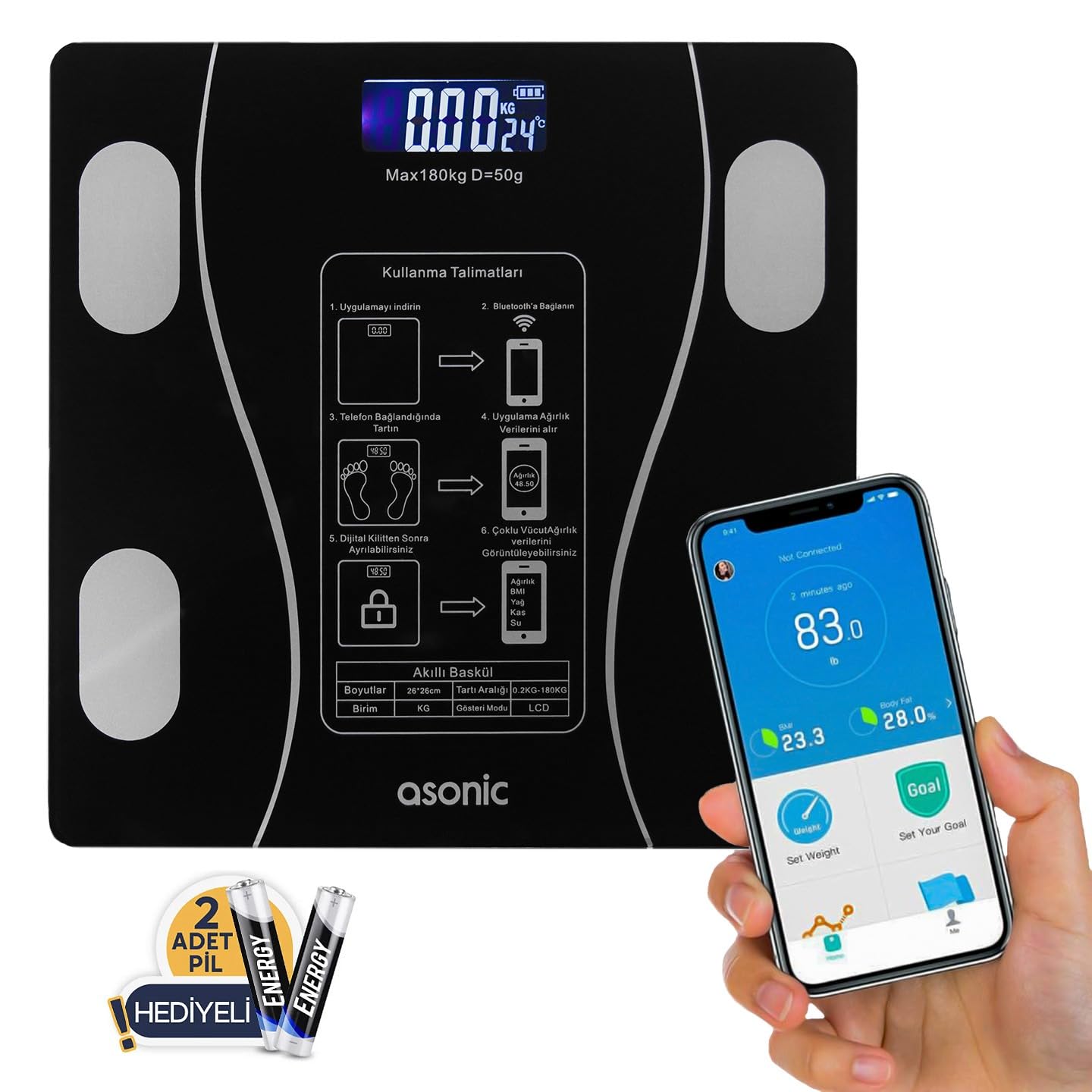 Asonic BS260 Dijital Bluetooth Baskül, 260x260 mm, 180 kg Kapasitesi, Siyah